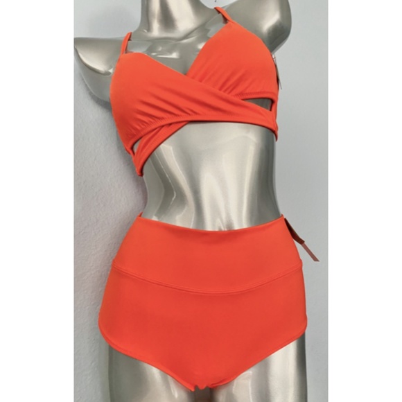 PINK Victorias Secret Swim Suit Set Orange Wrap Top & High Waist Bikini Bottom S - Picture 5 of 8